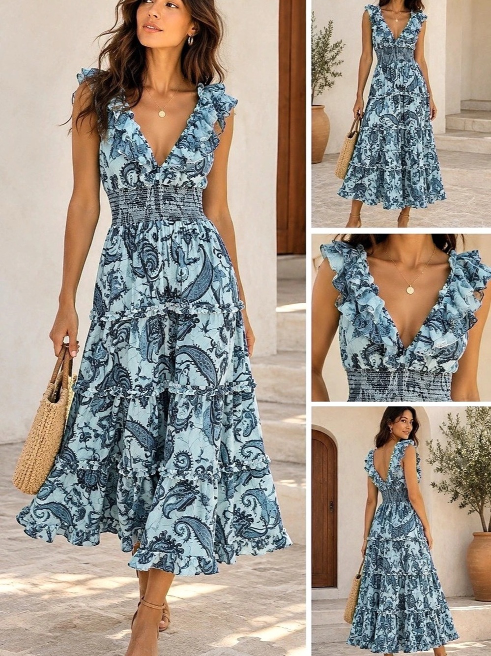 PinkBlush Blue Paisley Print Smocked Tiered Maxi Dress
